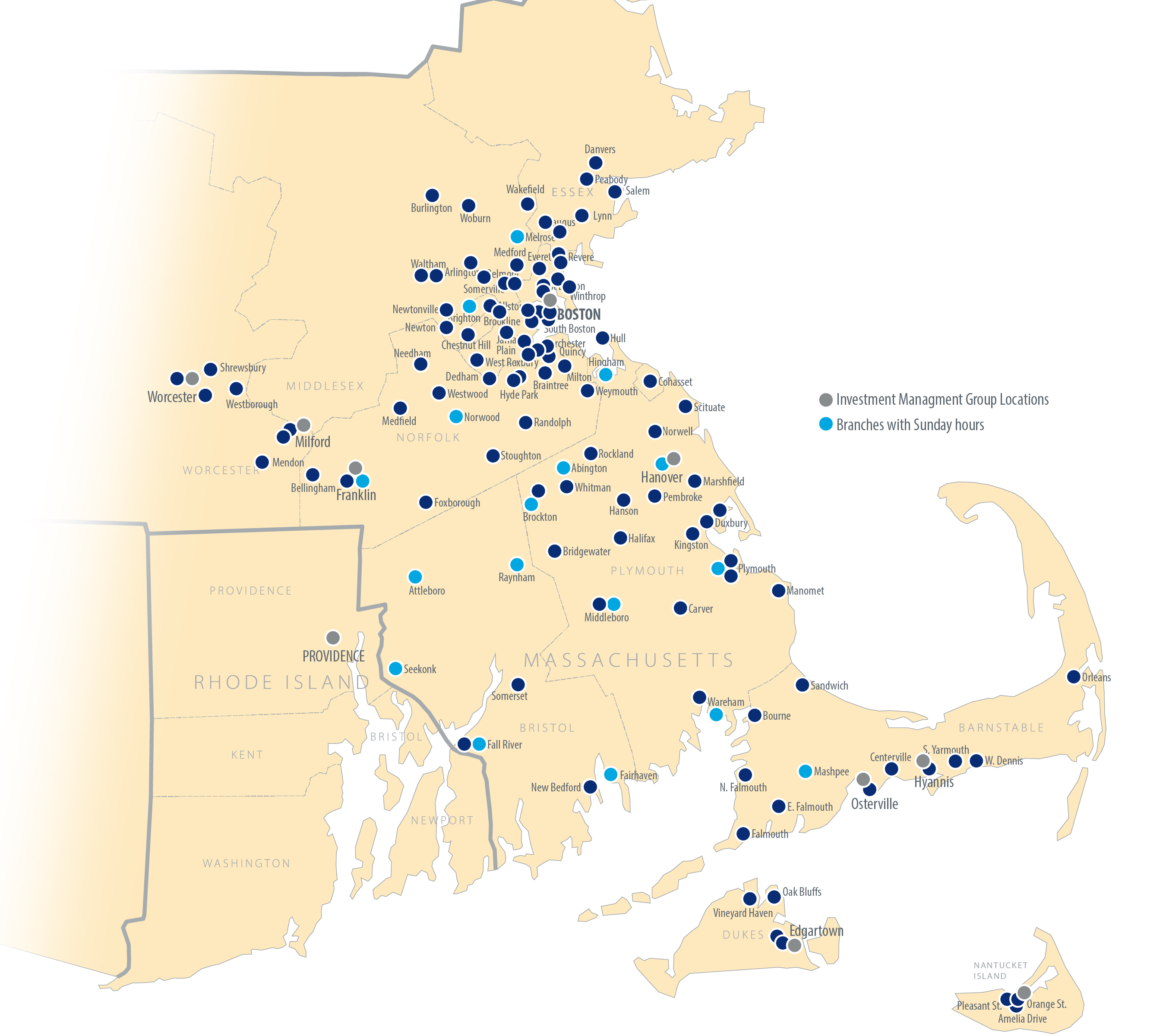 Map showing all of Rockland Trust locations